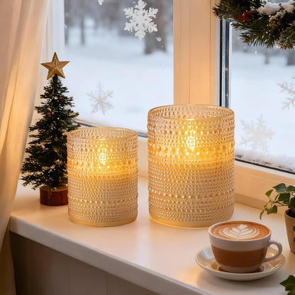 Dotted Glass Flameless Candles with Remote Timer, Real Wax Battery Operated LED Pillar Candles with 3D Flickering Flame for Festival Wedding Home Party Decor, 3" x 4", 4" x 5", Set of 2 (White)
