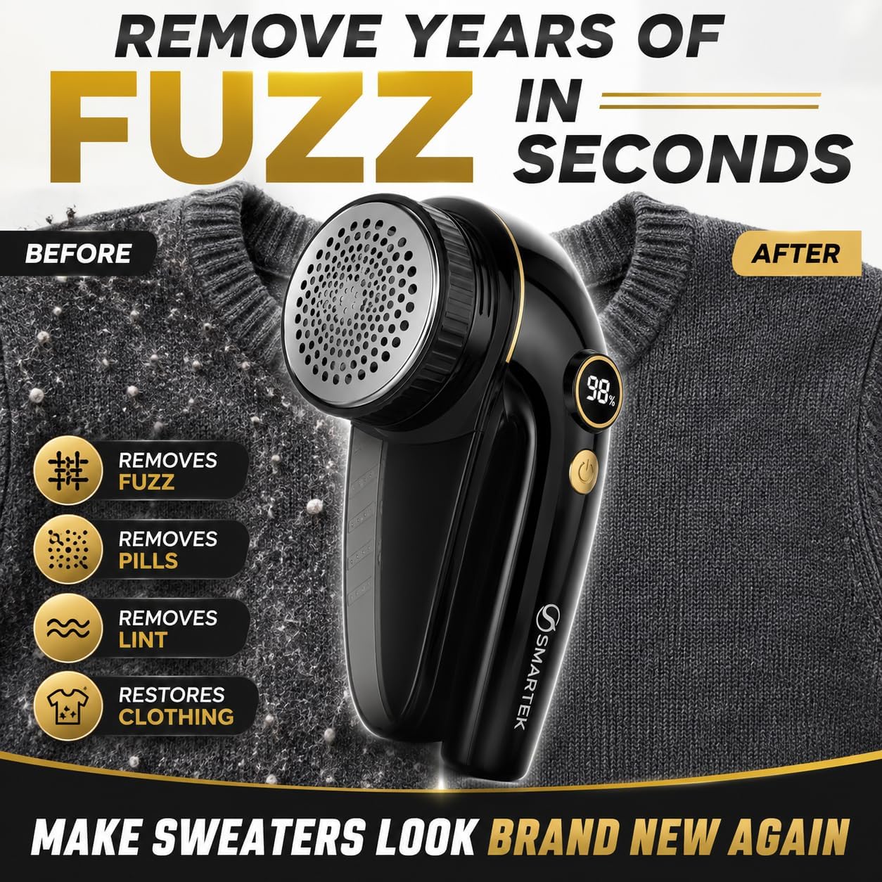 Smartek Rechargeable - Fabric Shaver for Clothes - Lasts for Hours Between Charges - 2-Speeds with High and Low Lint Shaving Modes - Built-in LED Screen - Lint Shaver for Removing Fuzz and Pilling