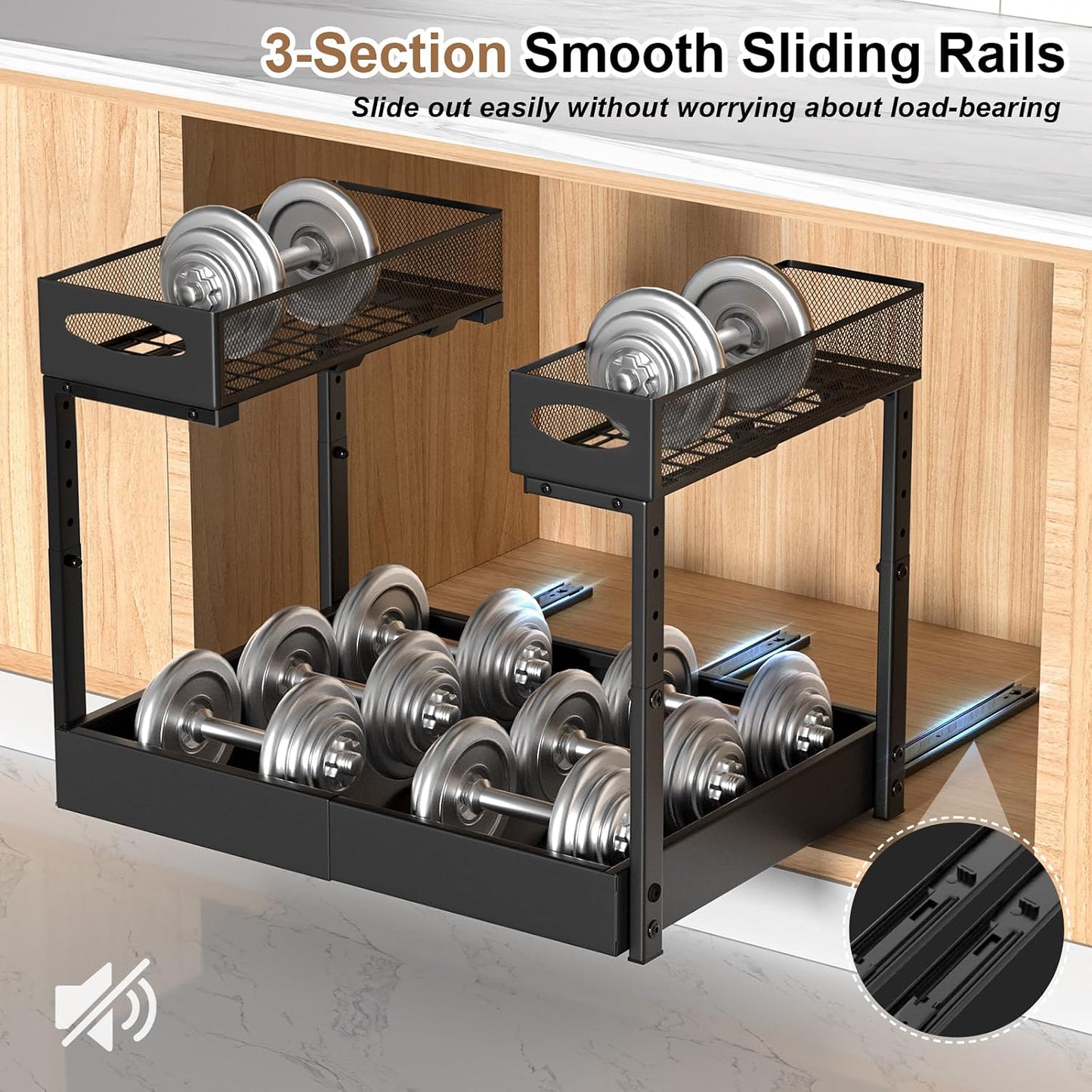 Housolution Under Sink Organizer, 2-Tier Pull Out Cabinet Organizers, Expandable Width 14"-21" & Adjustable Height 13"-17", Metal Cabinet Storage Rack with 3 Slide Rails for Kitchen Bathroom