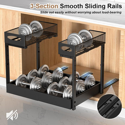 Housolution Under Sink Organizer, 2-Tier Pull Out Cabinet Organizers, Expandable Width 14"-21" & Adjustable Height 13"-17", Metal Cabinet Storage Rack with 3 Slide Rails for Kitchen Bathroom