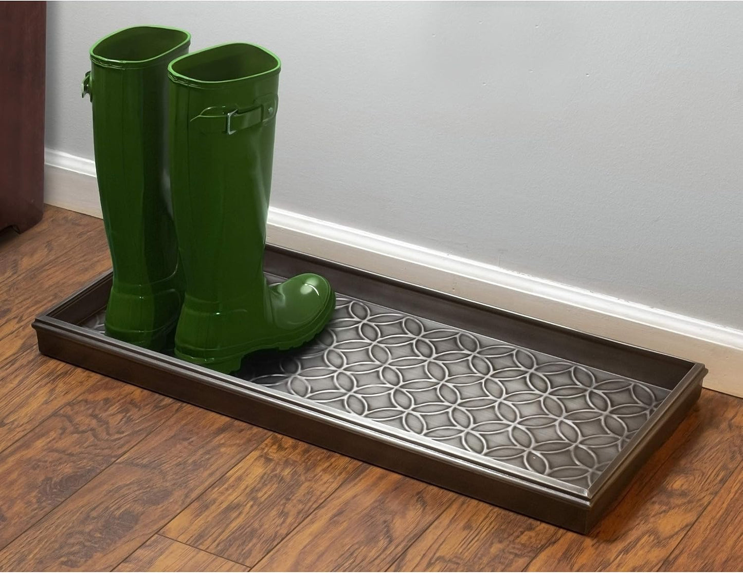 Good Directions Medium Boot Tray, Double Circles Multi-Purpose All Weather Decorative Tray, Shoes, Plants, Pet Bowls, 30x13x2 Inch, Dark Zinc Gray Steel