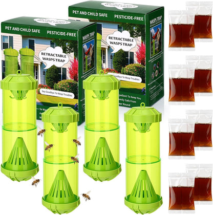4 Pack Outdoor Yellowjacket Wasp Traps with 8 Pack Natural Bait Refills Lure Reusable Hanging Carpenter Bee and Hornet Catcher Green Bee Trap 24 Week Attractant Refills Wasp Catcher Outside