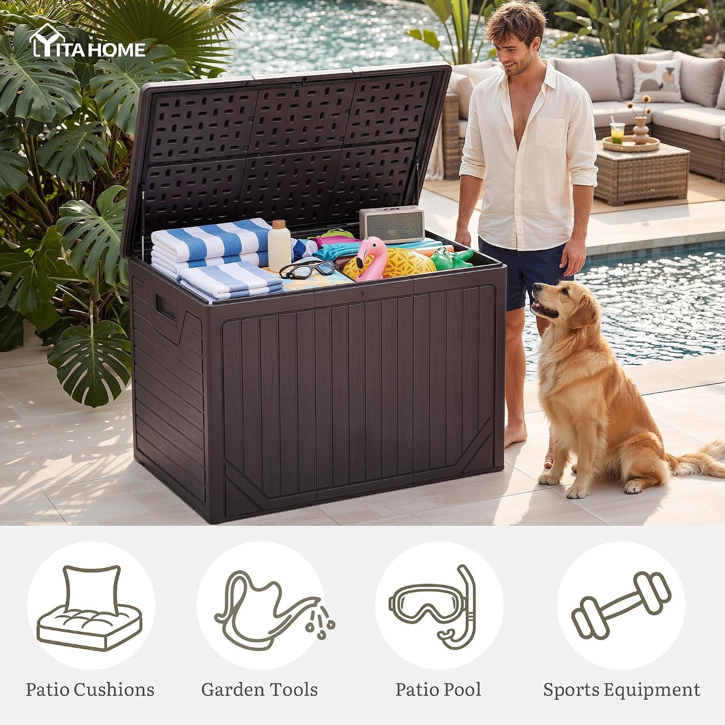 YITAHOME 100 Gallon Large Outdoor Deck Box | Waterproof Resin Storage Box, Lockable Indoor Outdoor Storage Container for Patio Furniture Cushions, Pool Accessories
