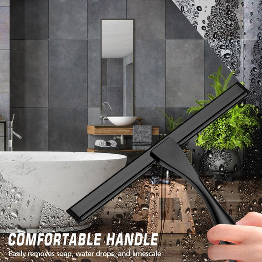 Stainless Steel Shower Squeegee for Glass, Includes 3 Adhesive Hooks, Shower Door Squeegee for Bathroom, Household Window, Car Windshield, Mirrors, Tiles Scrubber Clear, 12 inch Black