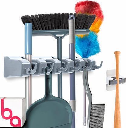 Broom Holder Wall Mount, Mop and Broom Organizer – Wall Mounted Broom Rack & Mop Rack, Rack for Brooms and Mops | Broom Hanger Wall Mount with 5 Slots & 6 Hooks, Kitchen Garage Laundry Garden