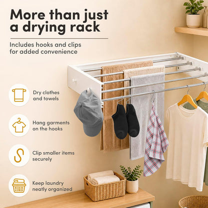 Wall Mounted Drying Rack Stainless Steel 31.5", Foldable Clothes Drying Rack with 4 Hooks & 5 Rods, Heavy Duty Outdoor Indoor Clothes Drying Rack for Apartment Bathroom Balcony Laundry Room