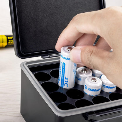 JJC AA AAA Battery Hard Case with Tester Checker, 34 Slots Battery Storage Organizer for 20 AA and 14 AAA Batteries, Water-Resistant and Shockproof Batteries Holder Container