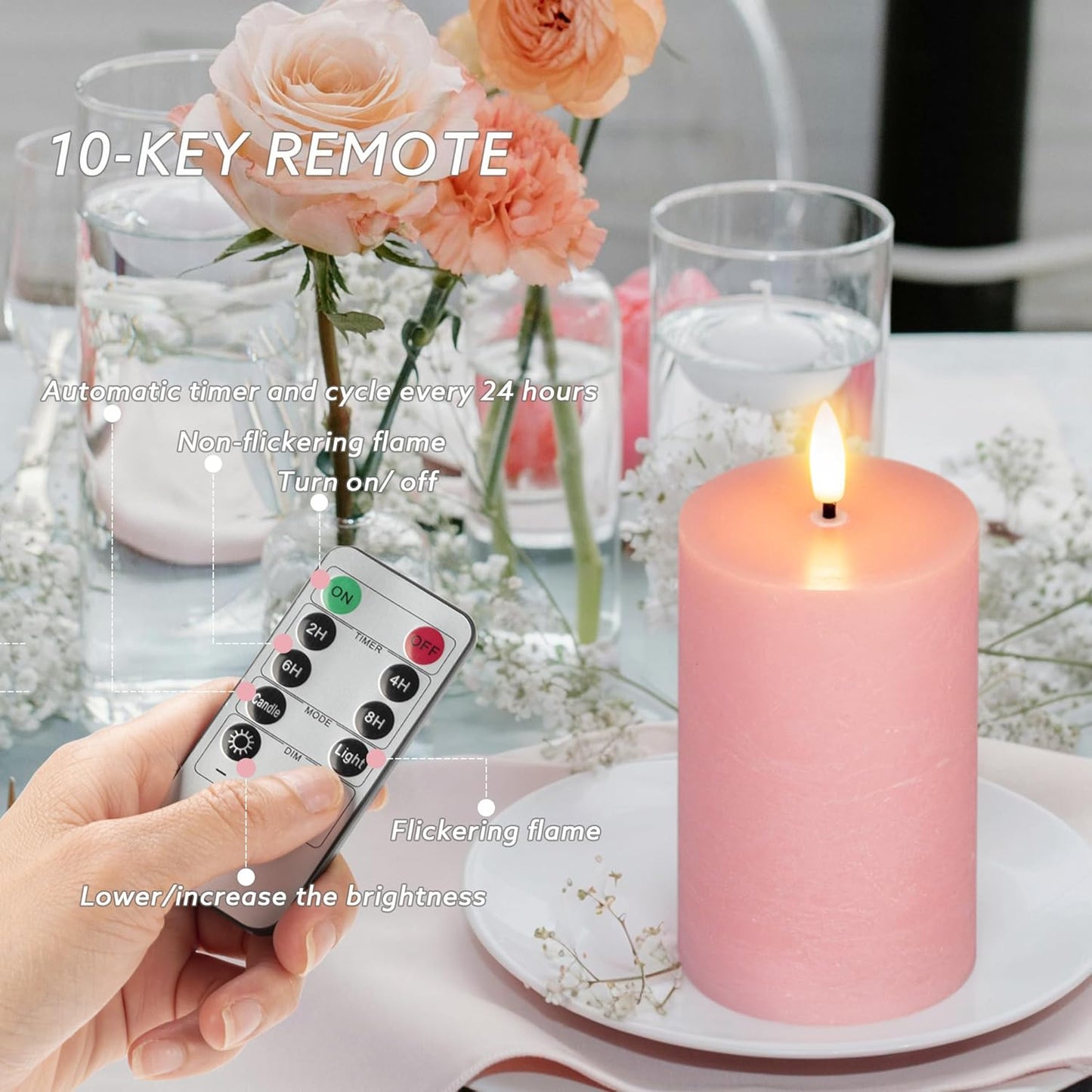 White Flameless Pillar Candles, Battery Operated Wax Candles with Remote, Flat Top Flickering Flameless Candles, LED Candle for Home, Wedding, Party Decor, Set of 3, Φ 3" H 4" 5" 6"