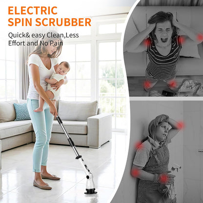 Electric Spin Scrubber with 8 Replaceable Brush Heads 6 Adjustable Angle Waterproof LED Display Cordless Cleaning Brush Supplies Bathroom Cleaner Set Long Handle Power Scrubber for Shower Floor Tub