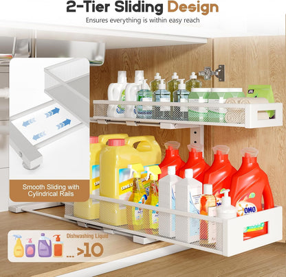 2-Pack Under Sink Storage Organizer, Large 2-Tier Elegant Mesh Pull Out Shelf for Kitchen and Bathroom Cabinet Organization, L-Shaped and Adjustable Height Design,Patent Pending-Black