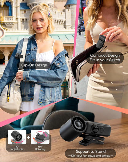 Portable Clip-On Mini Fan, Hands-Free, Turbo Personal Handheld Fans Rechargeable w/ 4 Wind & LED Display, Pocket Size Summer Cooling Essentials for Travel/Eye Lash/Beach/Concert, Gifts for Women(Pink)