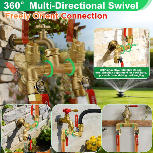 Garden Hose Splitter 3/4" GHT Full Flow 2 Way Brass Hose Splitter Heavy Duty All Metal Hose Y Splitter with Shutoff Outdoor Faucet Water Hose Splitter Y Valve Tap Adapter for Outdoor Garden