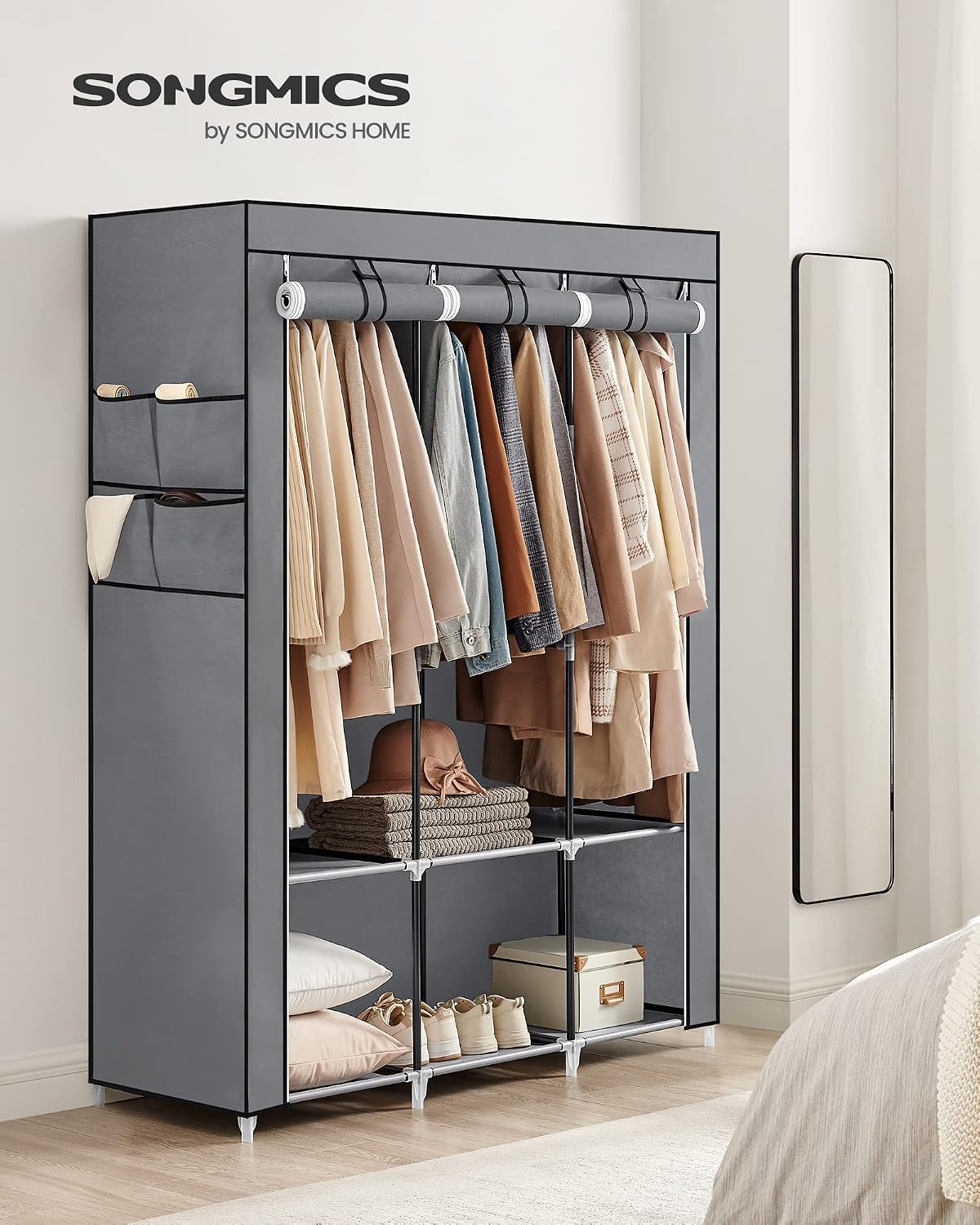 SONGMICS Portable Closet, Wardrobe Closet Organizer with Cover, 3 Hanging Rods and Shelves, 4 Side Pockets, 51.2 x 17.7 x 65.7 Inches, Large Capacity for Bedroom, Living Room, Ink Black URYG092B02