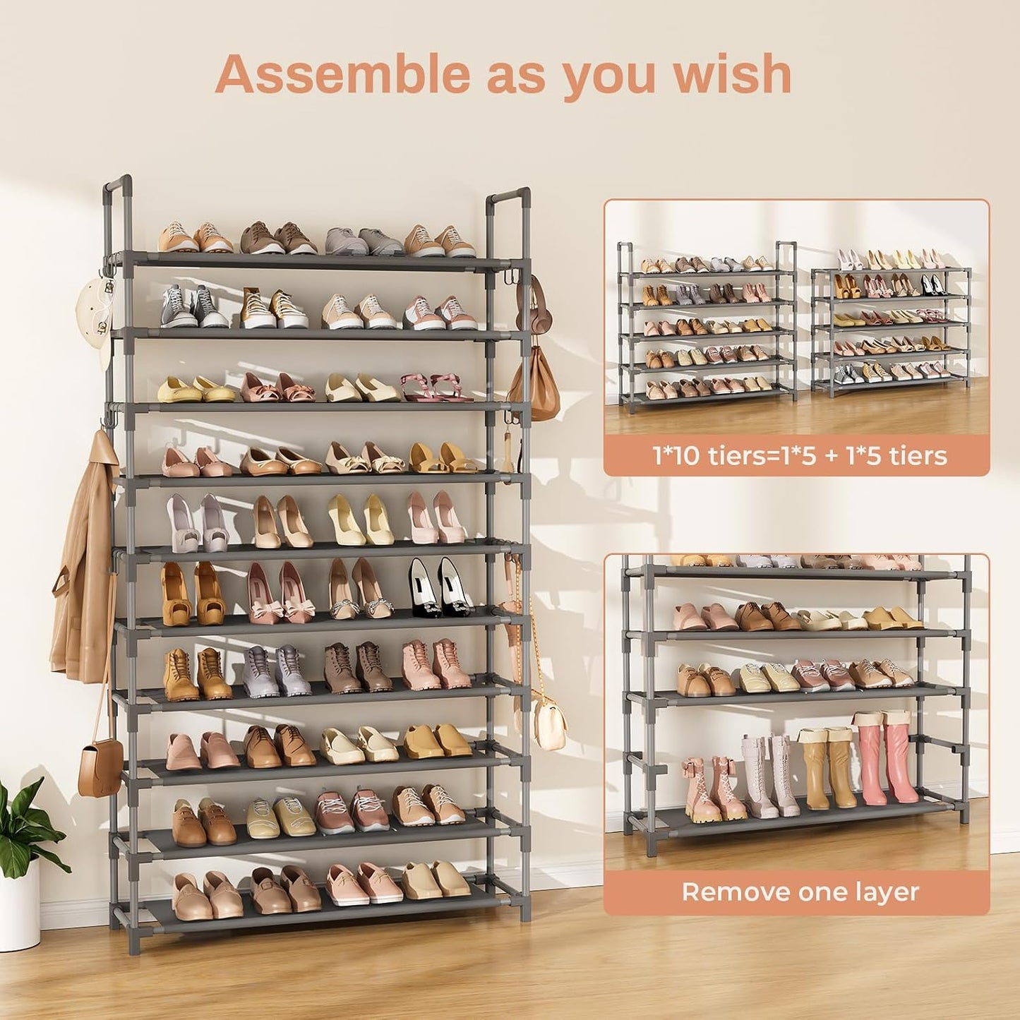 LANTEFUL 10 Tiers Tall Shoe Rack 20-25 Pairs Boots Organizer Storage Sturdy Narrow Shoe Shelf for Entryway, Closets with Hooks, Black