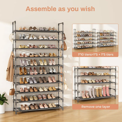 LANTEFUL 10 Tiers Tall Shoe Rack 20-25 Pairs Boots Organizer Storage Sturdy Narrow Shoe Shelf for Entryway, Closets with Hooks, Black