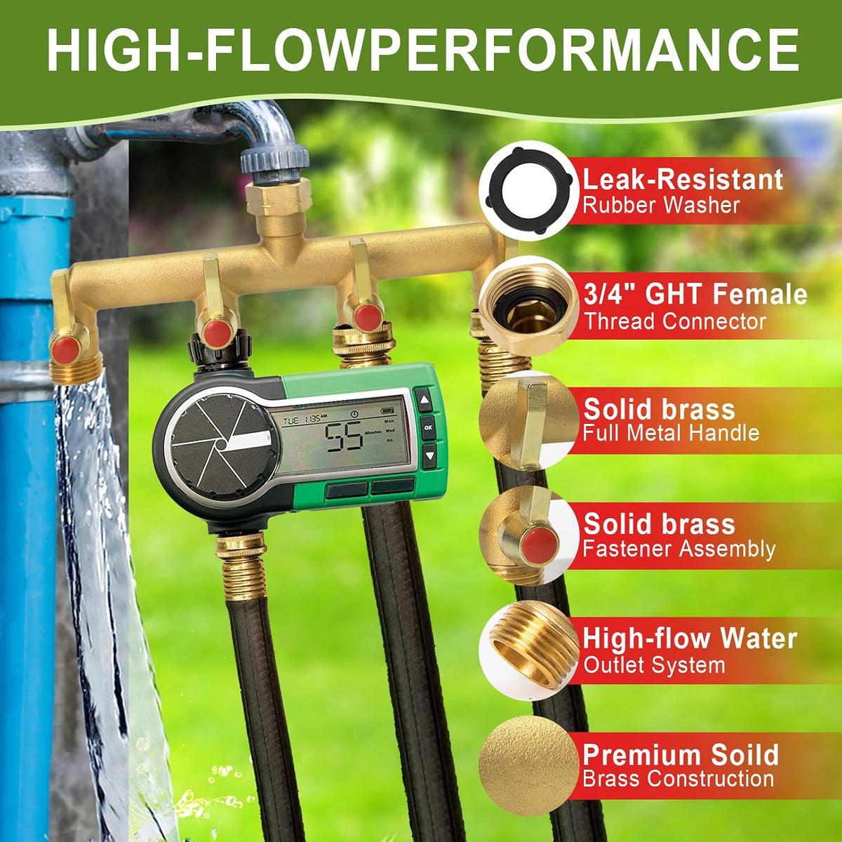 Brass Garden Hose Splitter 2/3/4 Way，Hose y Splitter with Shutoff，Heavy Duty Outdoor Faucet and Garden Connector，Extension Handles，3/4” GHT Threads