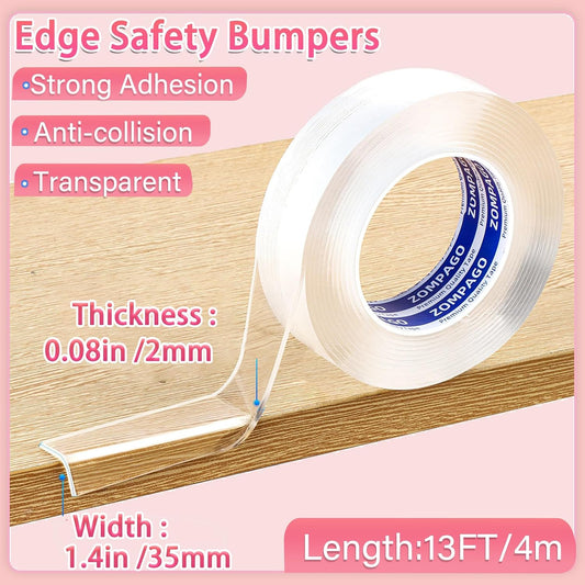 ZOMPAGO Baby Proofing Edge Protector Strip 1.4in x 13FT Clear Furniture Corner Guards for Toddlers Transparent Soft Sharp Edge Safety Bumpers Table Desk Fireplace Child Proof Protector Tape