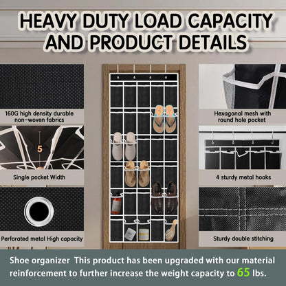 Kotkn Over the Door Shoe Organizer with 30 Breathable Mesh Pockets - Large Capacity Closet Storage for Men & Women, Hanging Shoe Rack Organizer (Gray)