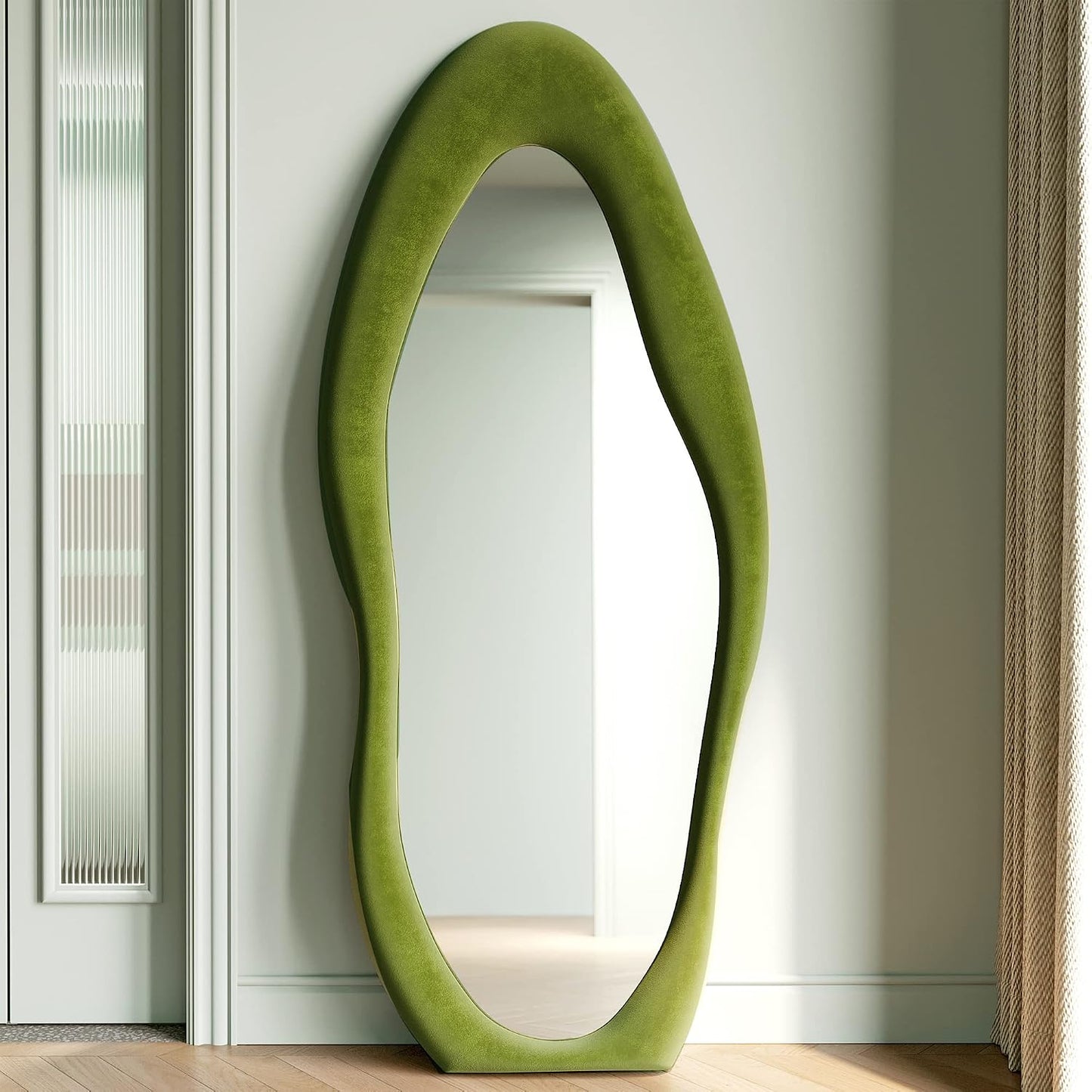 Honyee Full Length Mirror, 63" x 24" Wall Mirror, Flannel Wrapped Wooden Frame Floor Mirror, Irregular Wavy Mirror Hanging or Leaning Against Wall for Cloakroom/Bedroom/Living Room, Milk Tea