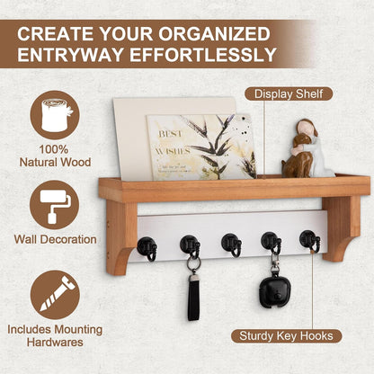 Key and Mail Holder Wall Mount, Key Holder with Shelf and Mail Organizer Wall Mount. Mail Holder with 5 Hooks for Coat, Dog Leash, Home Decor Rack, Entry Way Organizer (White)
