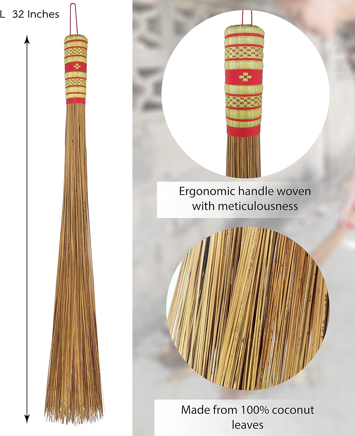 32 inch Multi-Surface Sturdy Outdoor Authentic Coconut Leaf Broom Asian Heavy Duty Broom Thai Natural Coconut Leaf Broom (Country Rustic) 1 Piece (2 piece)