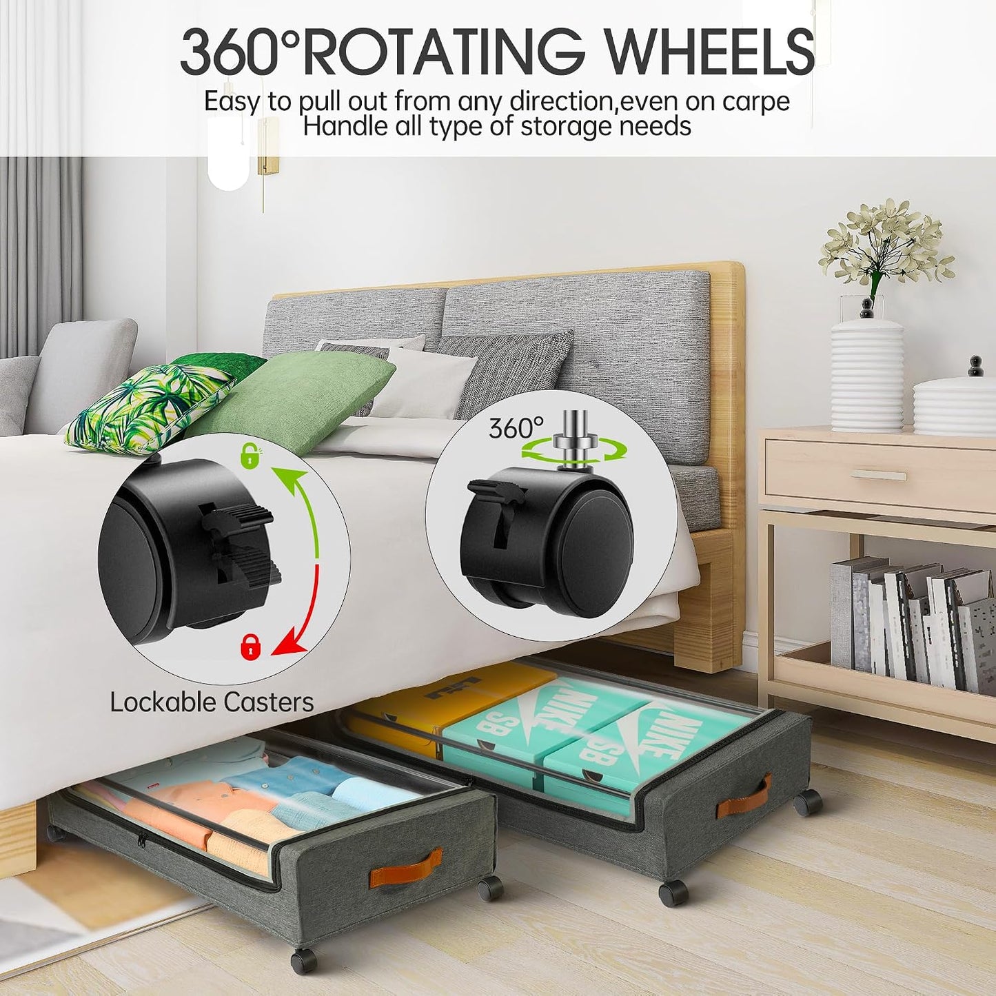 Yecaye Under Bed Storage with Wheels, 2 Pack Under Bed Storage Containers, 60L Underbed Shoe Storage with Clear Window & Label, Rolling Under Bed Metal Drawer for Clothes, Shoes, Books, Blankets