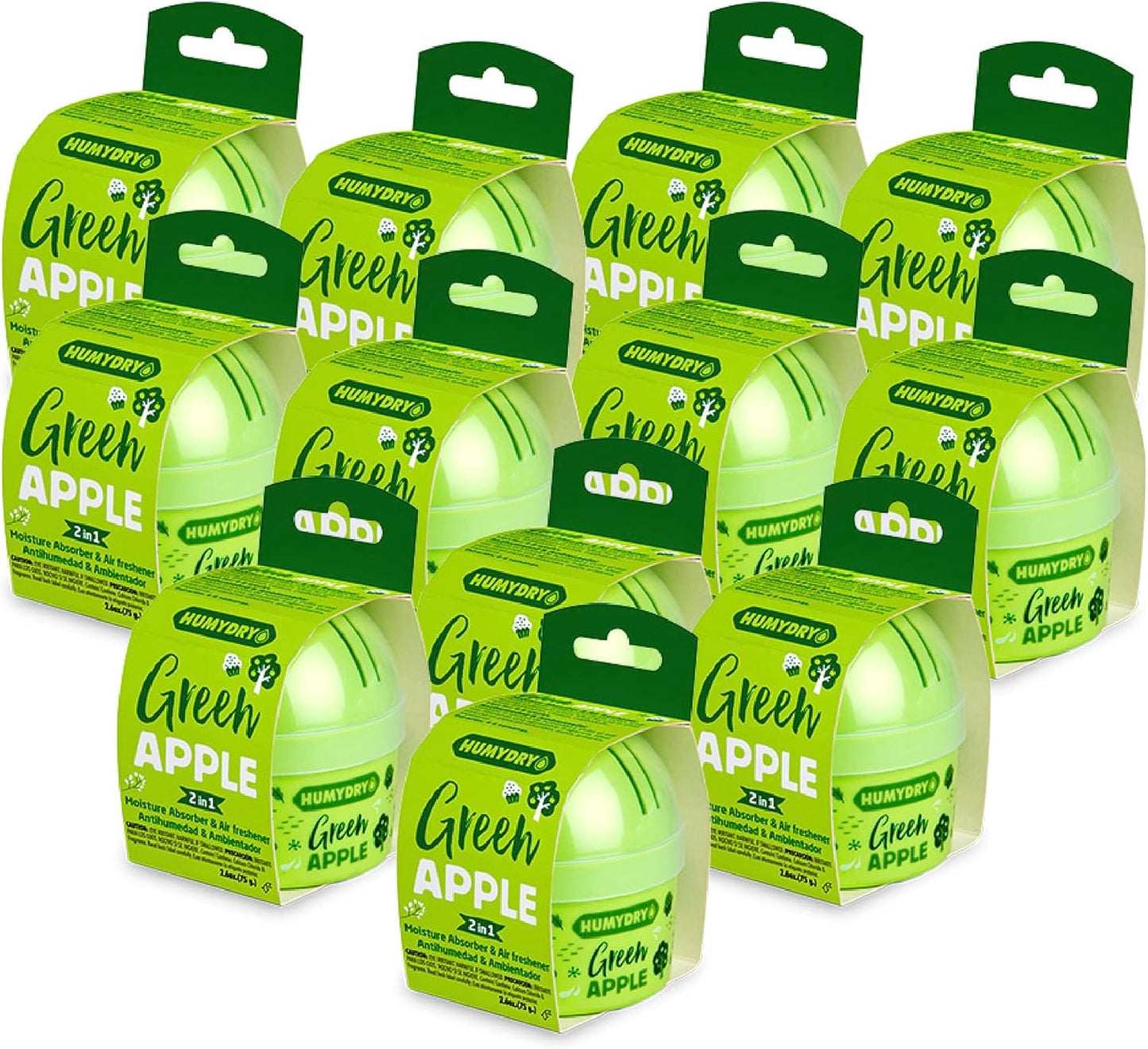 HUMYDRY Moisture Absorber Device, Mini Pack of 12 2.6oz, Up to 500 Days of Moisture and Humidity Control, Fights Summer Humidity, Green Apple Air Freshener, Small Space Dehumidifier, Non Electric