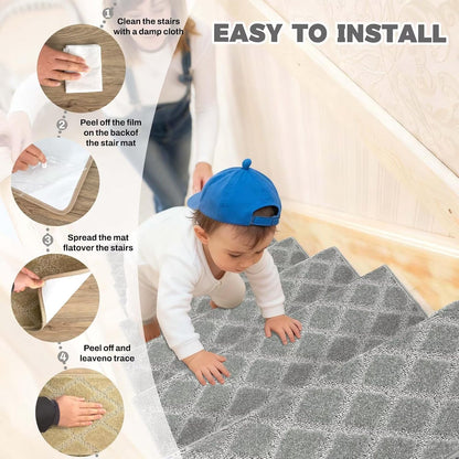 DEXDE Bullnose Stair Treads for Wooden Steps Non-Slip Stair Runner, 14 Pcs | Reusable bullnose carpet Stair Treads Indoor, Peel and Stick Stair Rugs with Edge Protection, Soft Washable, 30"x9.5" Grey
