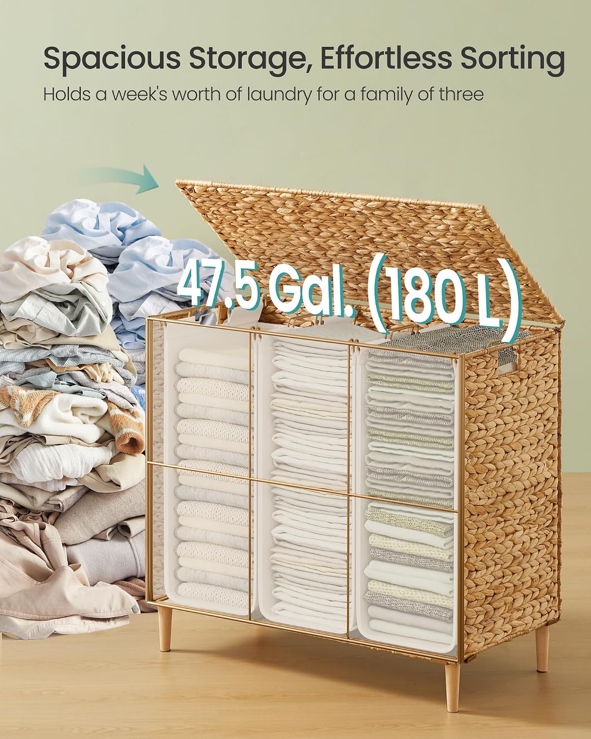 SONGMICS Laundry Hamper 3 Sections, 47.5 Gal. (180 L) Handwoven Water Hyacinth Wicker Laundry Basket with Lid, Natural Material, Removable Machine Washable Liners, Handles, Natural ULCB203Y01