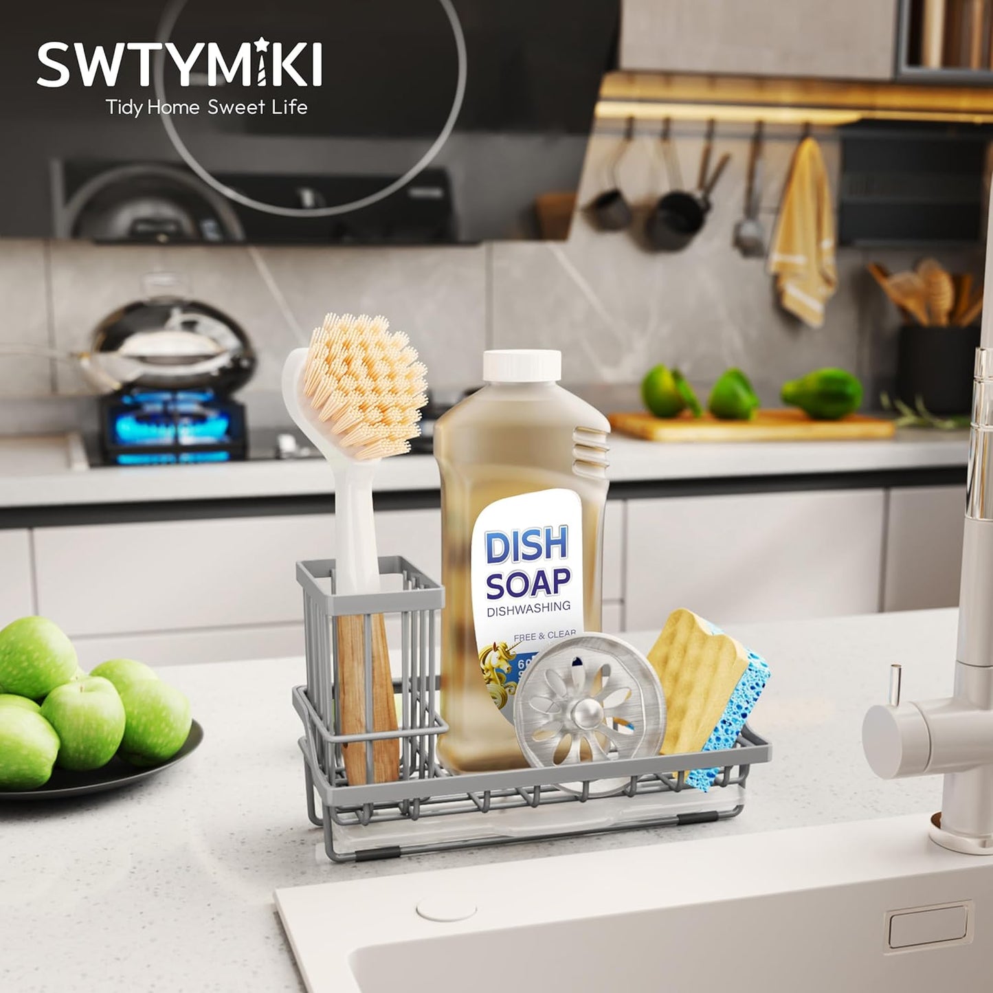 SWTYMIKI Sink Caddy Sponge Holder - Kitchen Sink Organizer with High Brush Holder for Countertop to Hold Dish Soaps and Sponges, Stainless Steel, Black