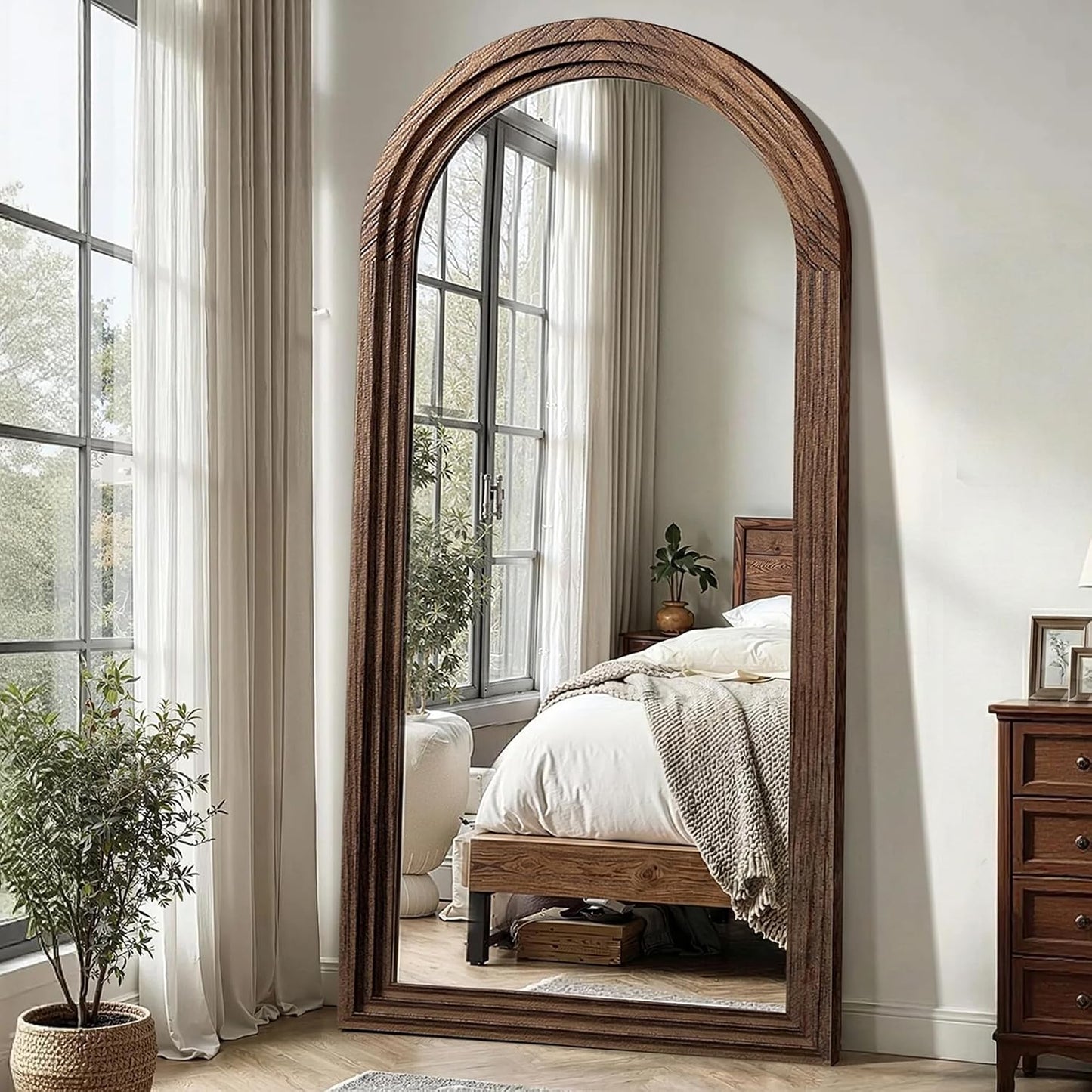 Delma Arched Full Length Floor Mirror with Stand, 75x35 Rustic Farmhouse Solid Wood Frame Wall Mirror for Bedroom, Living Room, Vertical Hanging & Standing(Brown)