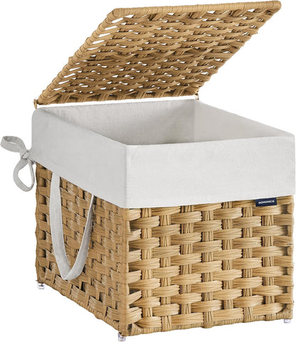 SONGMICS Laundry Hamper with Lid, 23.8 Gallon (90 L) Synthetic Rattan Clothes Laundry Basket with Lid and Handles, Foldable, Removable Liner, Chestnut Brown ULCB051K02