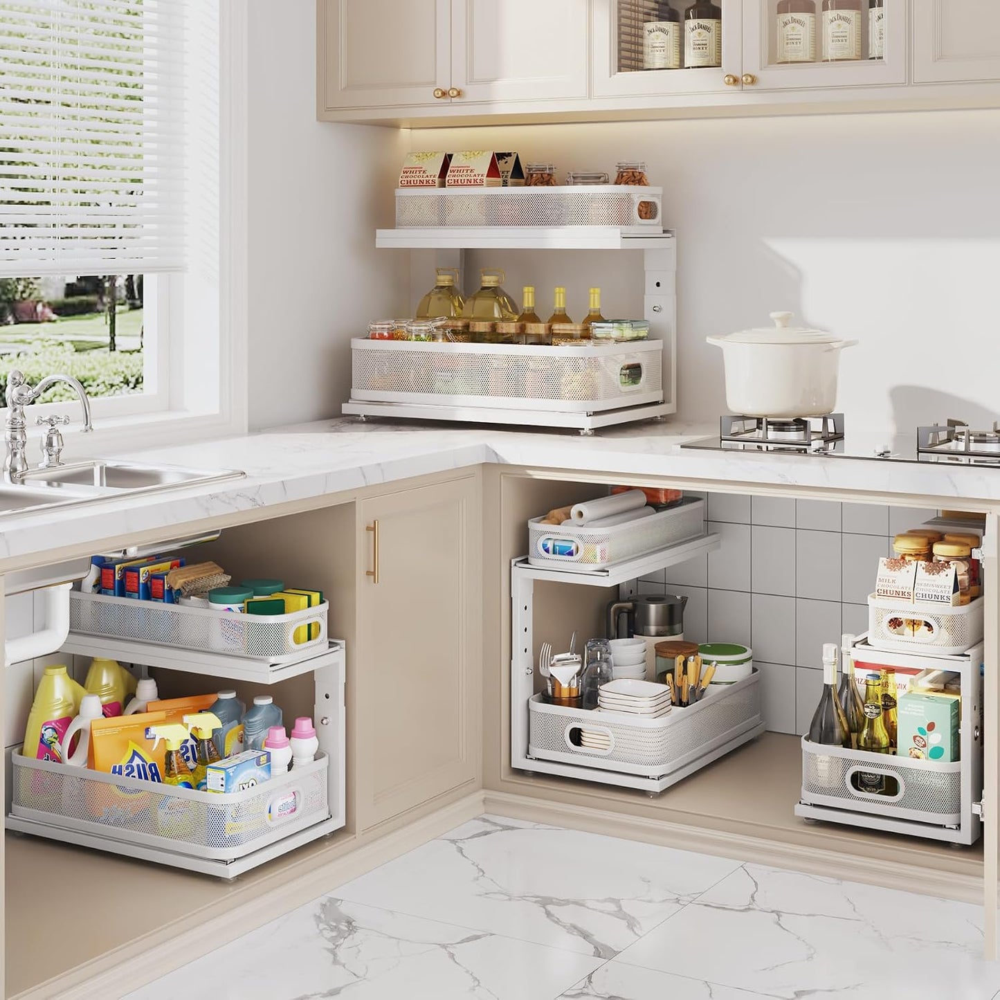 2 Pack 18.5IN-Depth Under Sink Organizer With Next-Gen Ball-Bearing Slides,2-Tier Precision Mesh Pull Out Cabinet Storage for Bathroom&Kitchen,Height Adjustable Drawers Shelf,Anti-rust-White