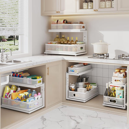 2 Pack 18.5IN-Depth Under Sink Organizer With Next-Gen Ball-Bearing Slides,2-Tier Precision Mesh Pull Out Cabinet Storage for Bathroom&Kitchen,Height Adjustable Drawers Shelf,Anti-rust-White