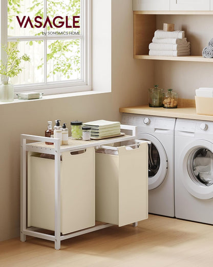 VASAGLE Laundry Hamper, Laundry Basket Sorter with 3 Pull-Out and Removable Bags, Shelf, Metal Frame, 3 x 10.6 Gallons (40 L), 36.4 x 13 x 28.4 Inches, Cappuccino Beige and Natural Beige UBLH301LH01