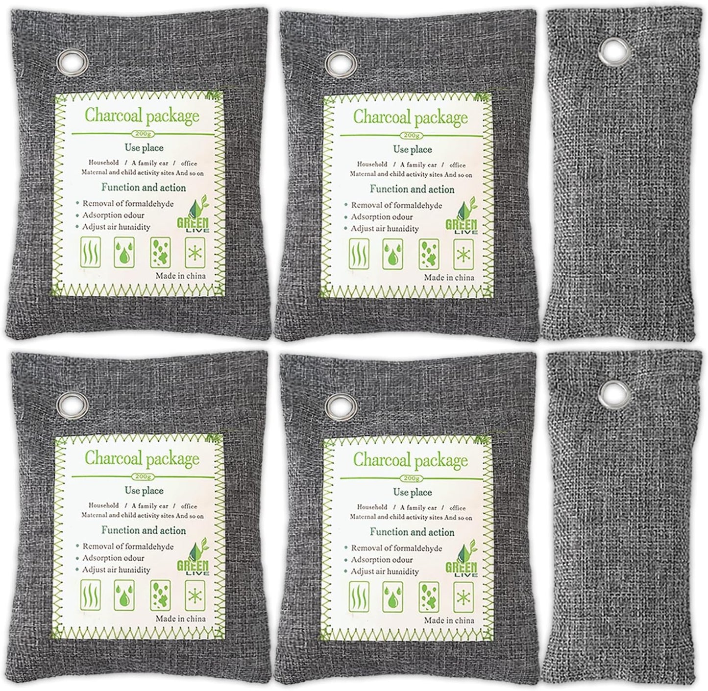 Activated Charcoal Odor Absorber (4x200g Large + 2x75g Small), Bamboo Charcoal Air Purifying Bag, Odor Deodorizer and Eliminator for Cars, Refrigerators, Shoes, Pets, Closets, and More.