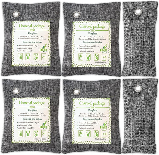 Activated Charcoal Odor Absorber (4x200g Large + 2x75g Small), Bamboo Charcoal Air Purifying Bag, Odor Deodorizer and Eliminator for Cars, Refrigerators, Shoes, Pets, Closets, and More.