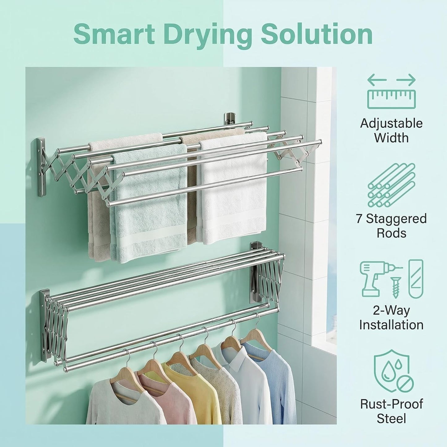 PureBox Wall Mount Drying Rack for Laundry Room, Retractable Stainless Steel Towel Bar, Collapsible Accordion Clothes Dryer, Space Saving Wall Mounted Laundry Rack for Bathroom, Balcony & RV
