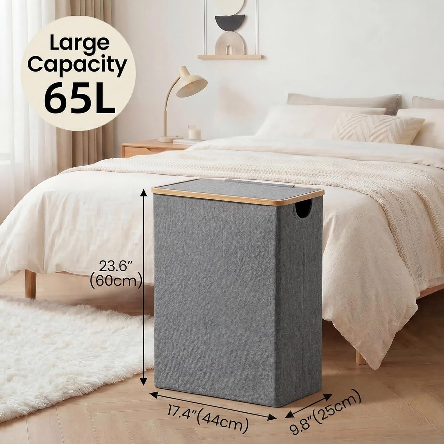 efluky Slim Laundry Basket with Lid, Narrow Laundry Hamper with Removable Bag, Skinny Dirty Clothes Basket with Bamboo Handles for Bathroom, Bedroom & Laundry Room, 75L Beige