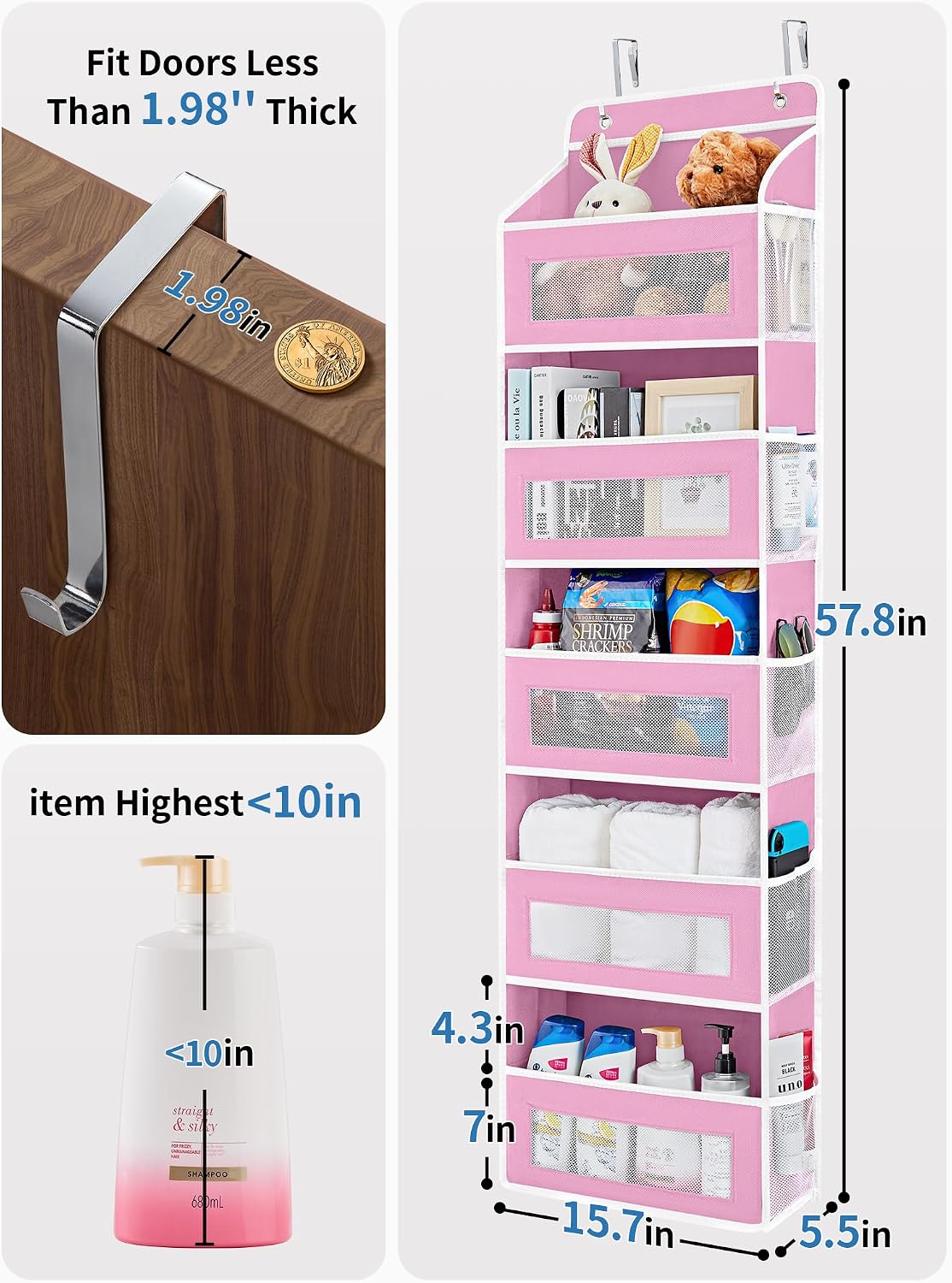 JARLINK 2 Pack Over the Door Organizer Storage, 5 Shelf Hanging Door Organizer with 5 Large Capacity Pockets, Anti Tilt 44 lb Load Behind Door Storage for Bedroom, Bathroom, Pantry, Nursery, (Grey)