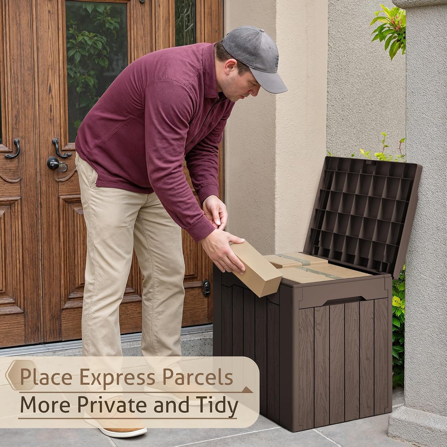 Flamaker Outdoor Storage Box 80 Gallon Resin Waterproof Deck Box Delivery Box with Wood Texture Large Storage Bin for Patio Cushions, (Grey)