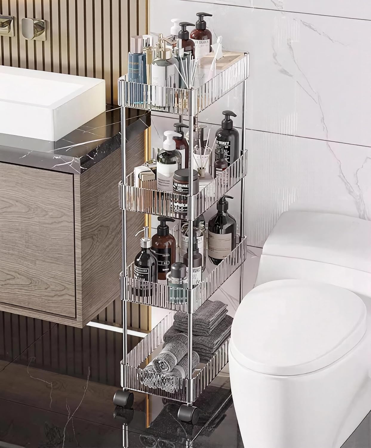Sooyee 3 Tier Rolling Cart with Wheels, Slim Storage Cart, Under Desk Narrow Rolling Utility Cart Storage Organizer for Office Bathroom Kitchen Laundry Room Narrow Places, White, Plastic and Metal