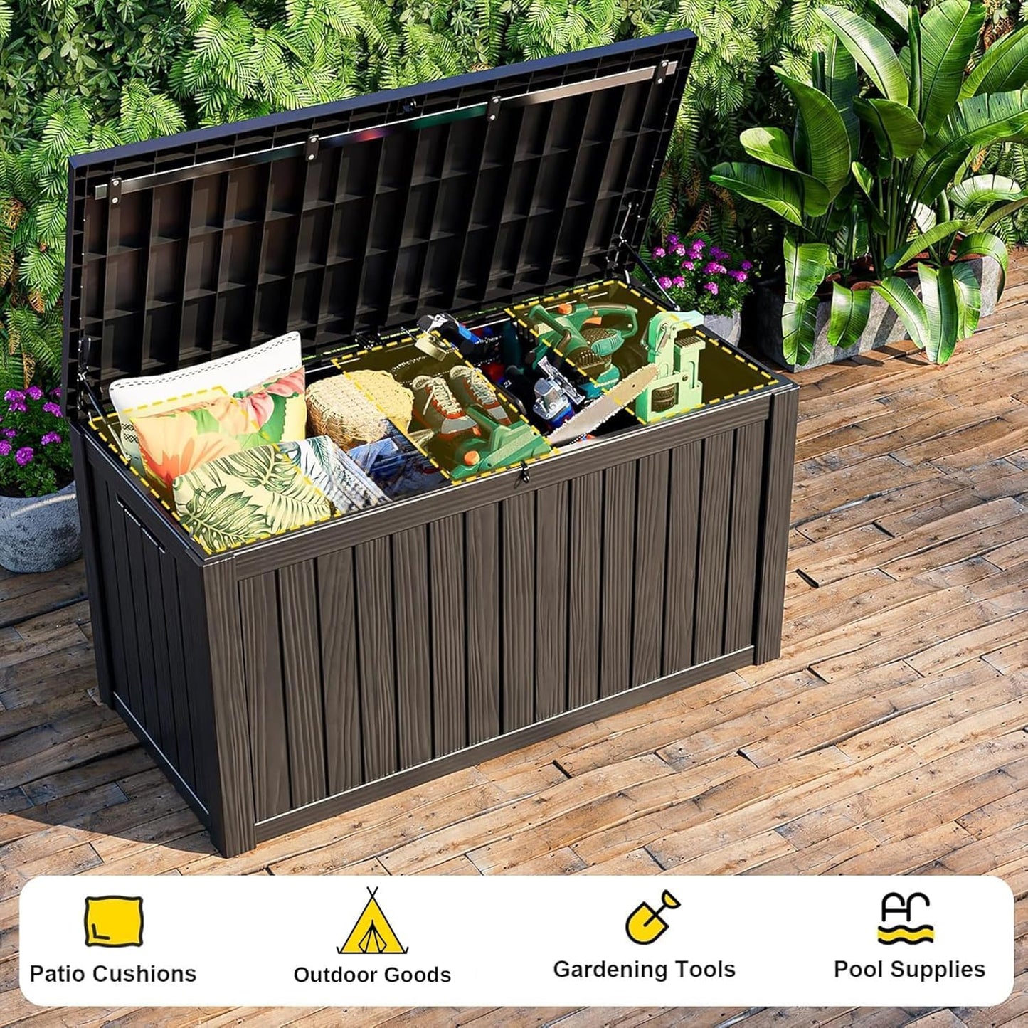 320 Gallon Waterproof Outdoor Storage Box, UV Resistant Resin Deck Box with Hydraulic Rod for Reinforced Stability, Perfect for Patio, Garden, and Pool（Black，320 Gallon）