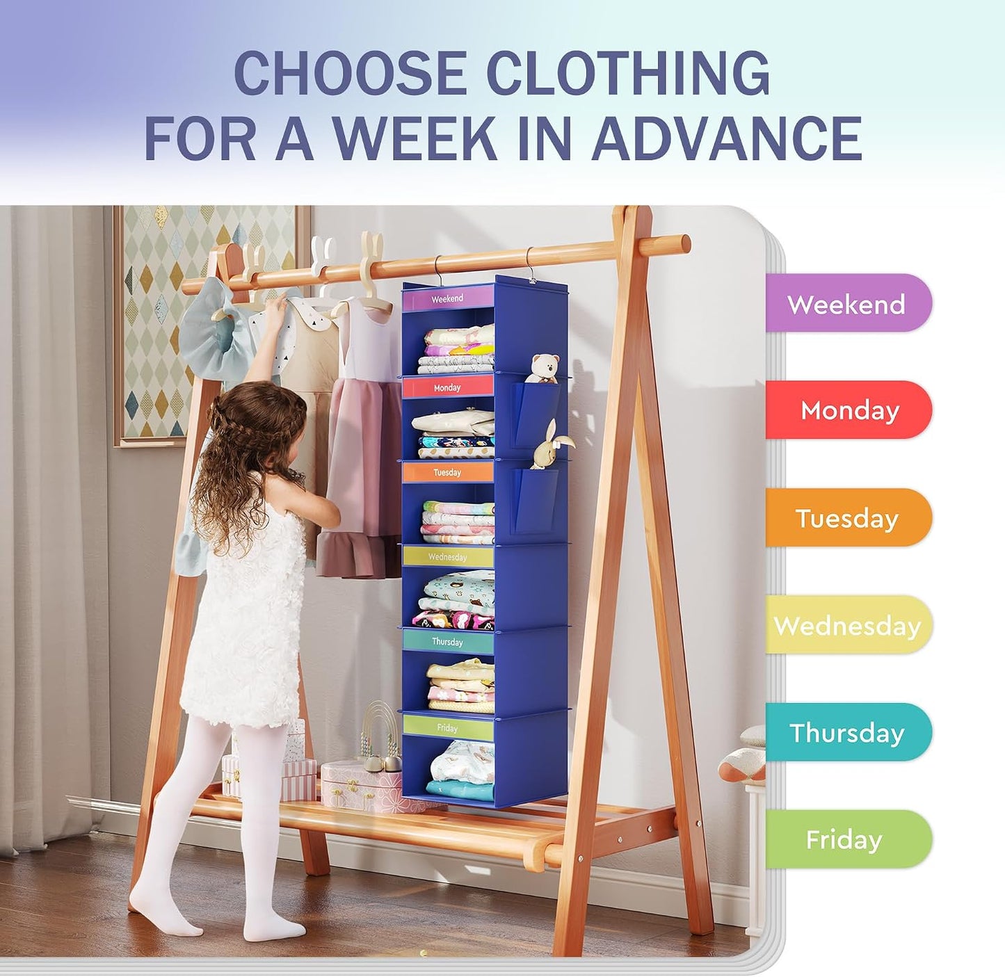 YOUDENOVA 6-Shelf Weekly Hanging Closet Organizer, Weekly Clothes Organizers for Kids with 2 Side Pockets, Pink