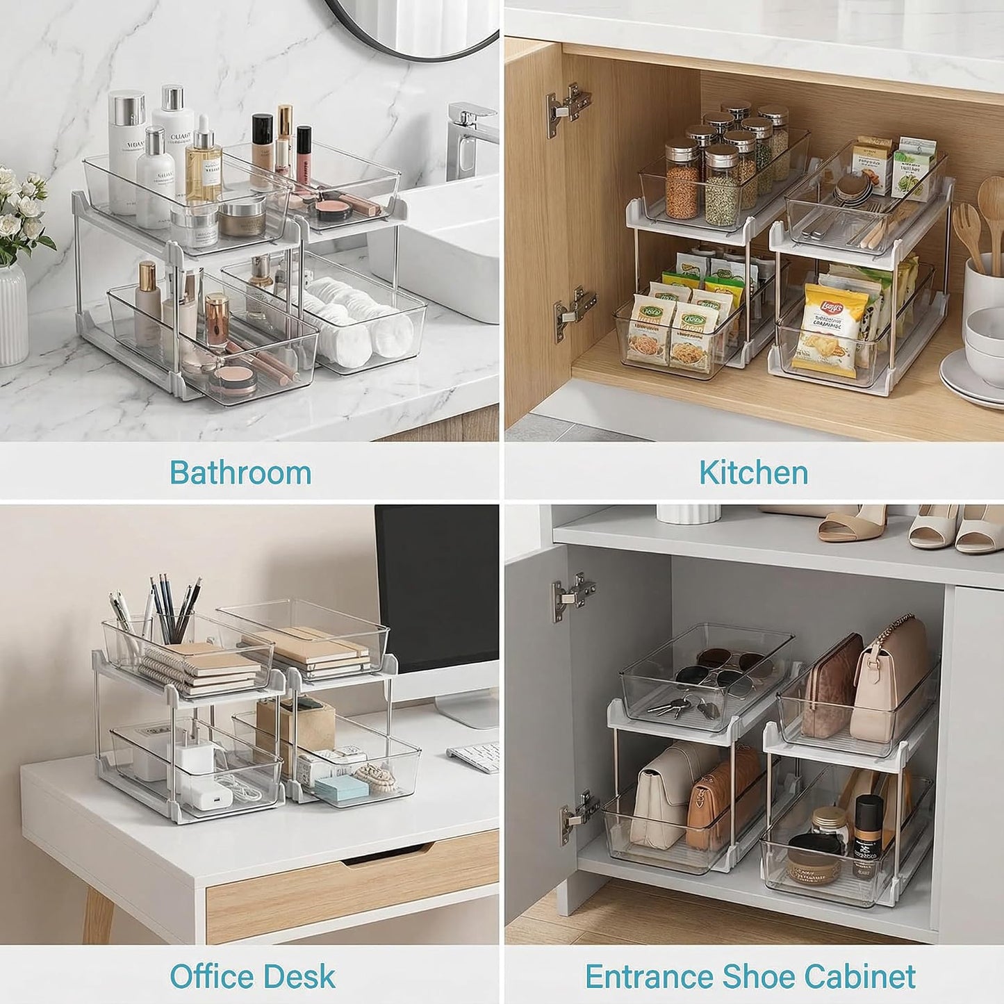 2 Pack Bathroom Organizer,2 Tier Blue Under Sink Organizers Vanity Countertop Storage Container,Cabinet Drawers Bins, Pull-Out Organization with Track for Pantry, Kitchen