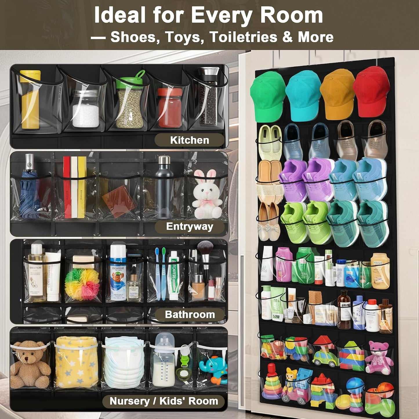 40 Pockets Over the Door Shoe Organizer – Waterproof Hanging Shoe Holder for Closet & Bathroom – Space-Saving Clear PVC Door Shoe Rack for Shoes, Toys, Toiletries & Snacks (White)