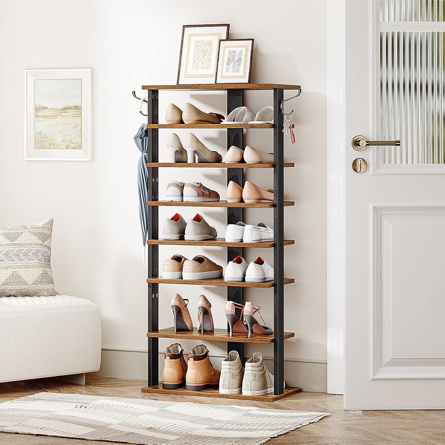 HOOBRO 8 Tiers Vertical Shoe Rack, Wooden Shoe Storage Organizer with Hooks, Narrow Shoe Tower for 8 Pairs, Space Saving, for Entryway, Living Room, Bedroom, Rustic Brown BF07XJ01G1