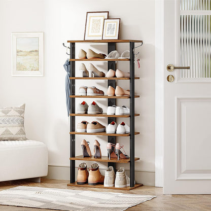 HOOBRO 8 Tiers Vertical Shoe Rack, Wooden Shoe Storage Organizer with Hooks, Narrow Shoe Tower for 8 Pairs, Space Saving, for Entryway, Living Room, Bedroom, Rustic Brown BF07XJ01G1