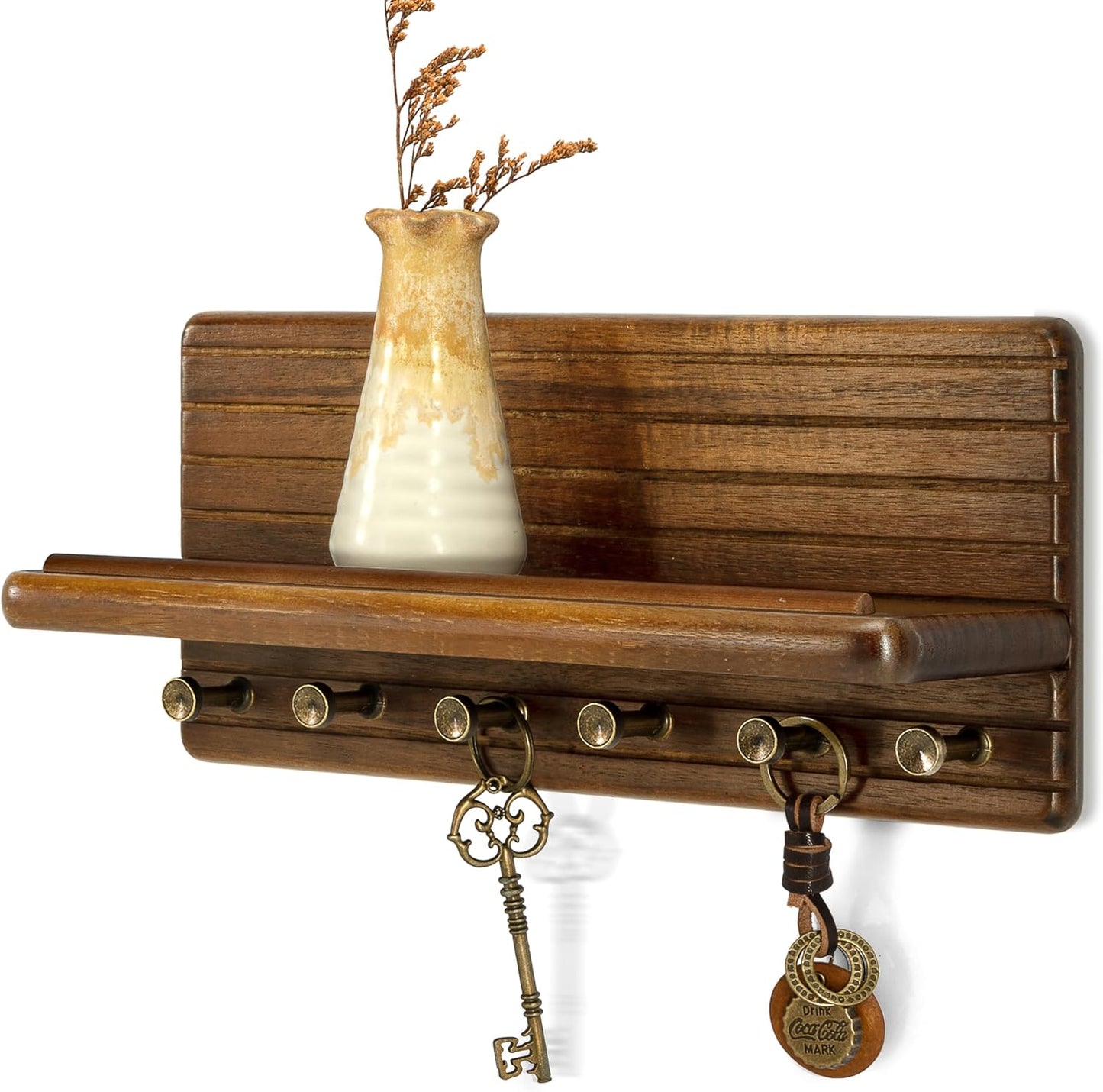 Rebee Vision Farmhouse Key Holder Wall Mount for Home Decor – Decorative Pine Wooden Key Holder for Wall with 6 Hooks & Floating Shelf - Rustic Charm for Room Decor Aesthetic (Brown)