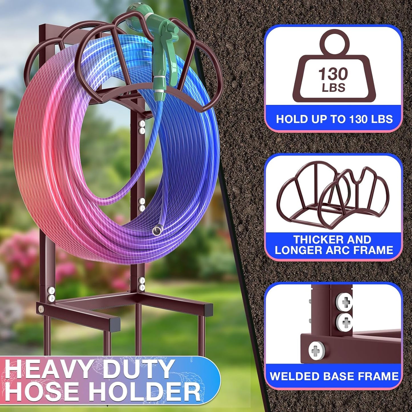 Qatsrin New Garden Hose Holder, Super Stable Water Hose Holders Stand Holds 160-Feet Hose, Rustproof Freestanding Hose Storage Hanger Rack for Outside Yard Lawn Farm, Black